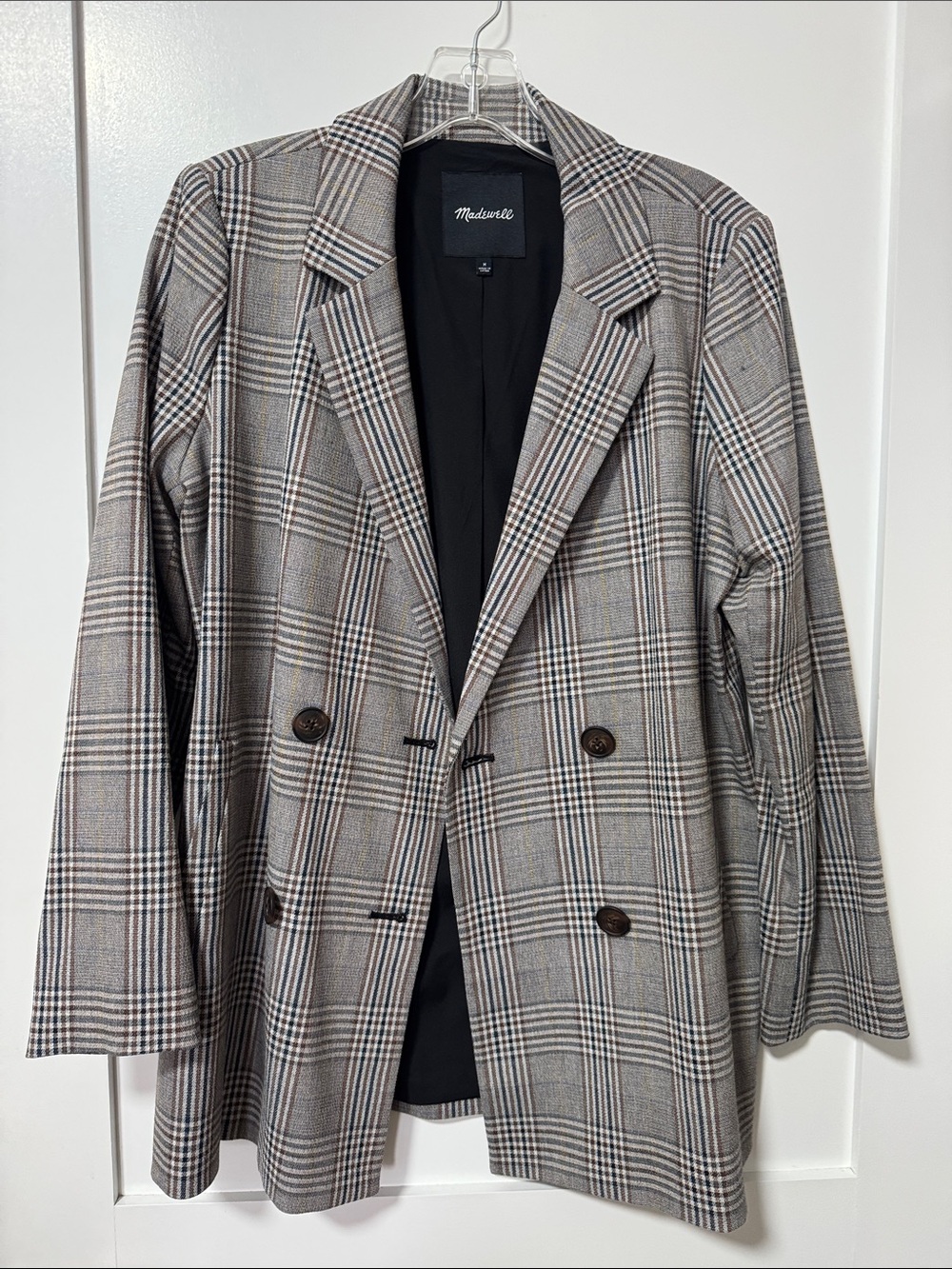 Madewell Gray and Brown Plaid Double-Breasted Blazer